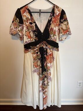 Anthropologie Floral Tie-Front Midi Dress in Cream and Black